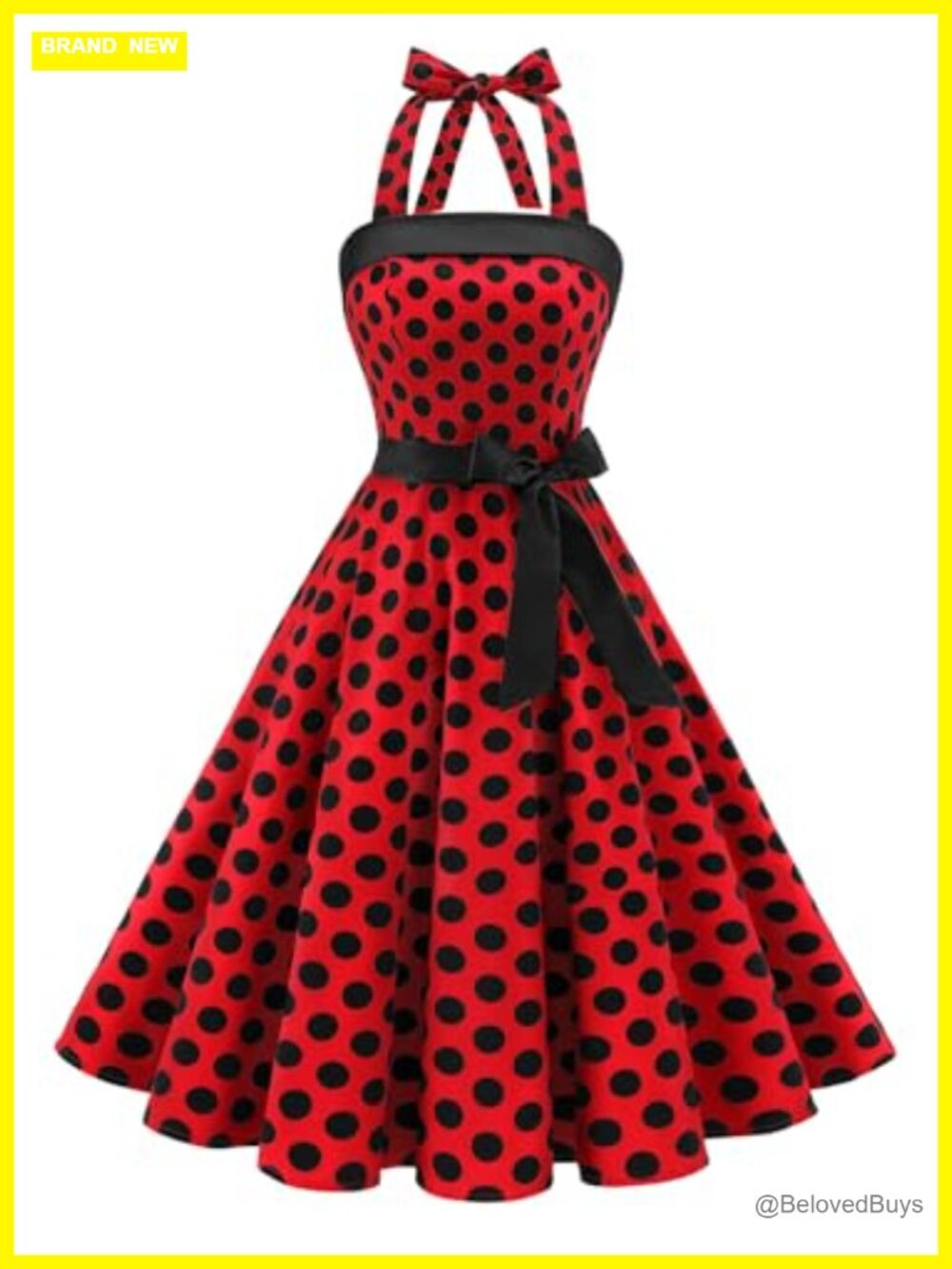 Womens Halter 1950s Vintage Swing Cocktail Tea Party Dress with Belt
